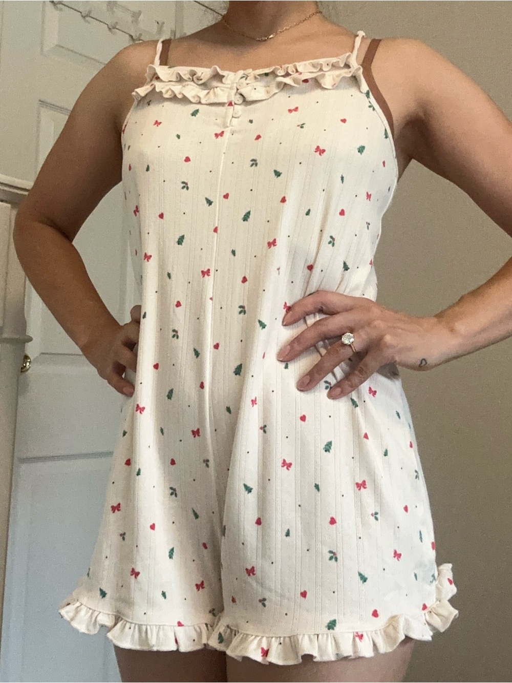 American Eagle Outfitters Cream Floral-Print Ruffle Trim Chemise